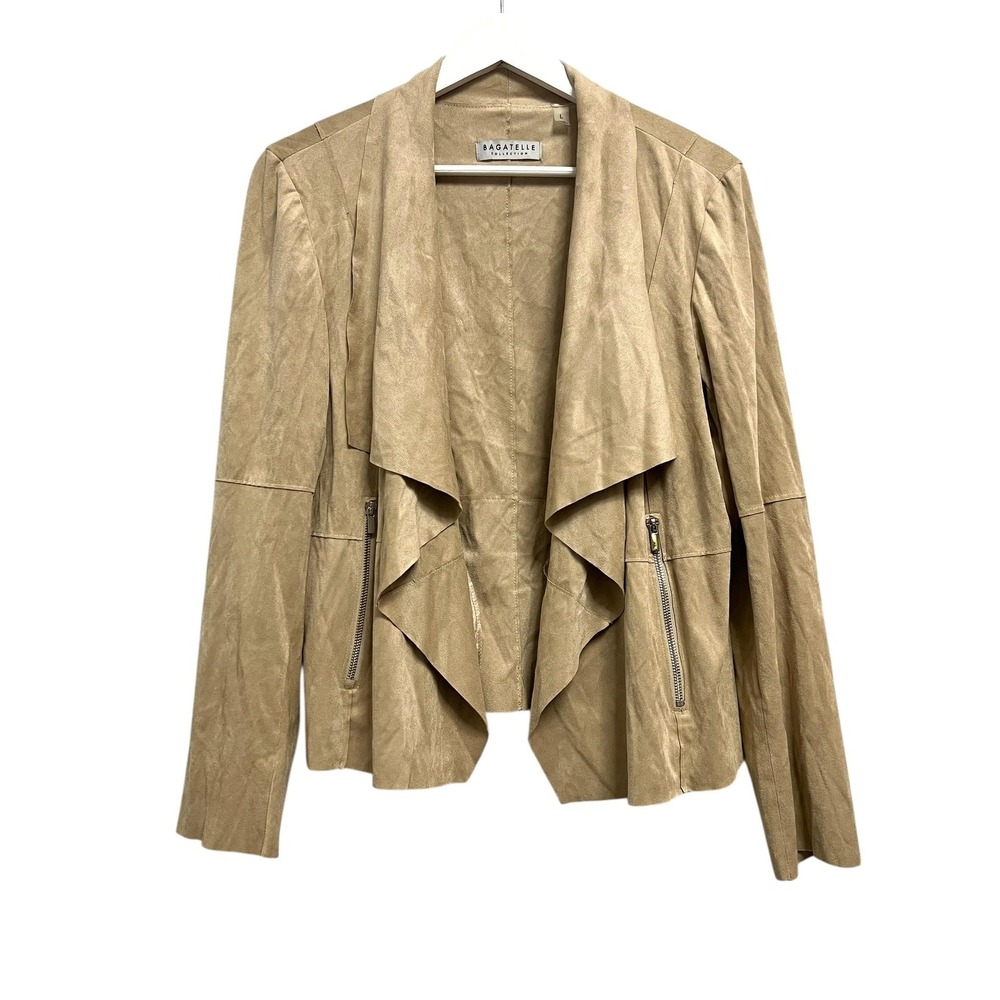 Bagatelle Collection Jacket Womens Large Beige Faux Suede Drape Zip Pockets